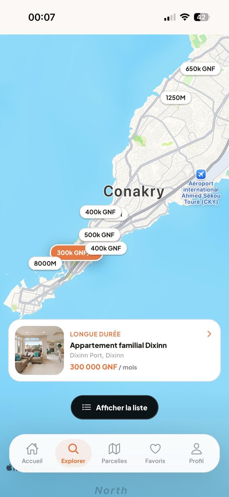 Map of available listings in Conakry in the KASA+ app
